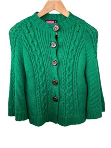 Cable Knit Button Up Cardigan 3/4 Sleeve Wool Blend Med. Kelly Green Fairy Boho - Picture 1 of 8