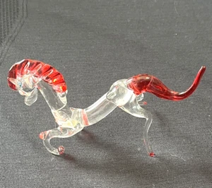 Clear Glass Horse Kneeling Small Figurine Red Mane Tail Hoofs VTG Hand Blown Art - Picture 1 of 10