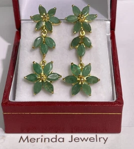12K Solid Yellow Gold Cluster Dangle Stud Earrings, Natural Emerald 5.27 Grams - Picture 1 of 4
