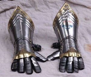 Medieval 18 Guage Steel & Brass Knight Gothic Pair Of Gauntlets Armor Gloves
