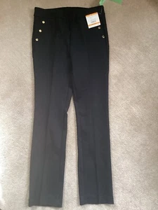 NWT Anne Klein Black Pull On Straight Leg Traveler Comfort Trousers Gold Logo PS - Picture 1 of 11