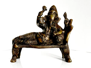 VTG. Heavy Brass Bronze GANESH Horizontal 7 1/2" Statue 4lbs 11 oz. - Picture 1 of 5