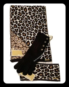 $144 Michael Kors 3-Piece Set SCARF, HEADBAND & GLOVES Reversible Camel Leopard - Picture 1 of 7