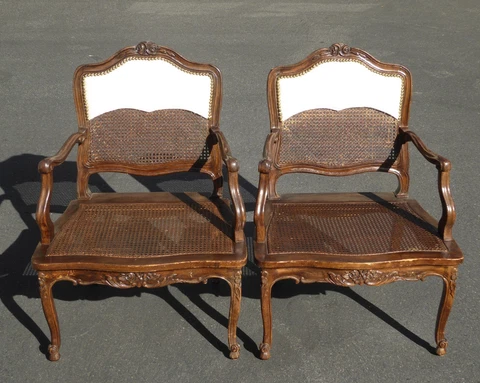 Pair Vintage French Provincial Country Style Carved Wood & Cane Accent Chairs Cover