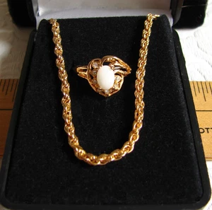 Gold Tone 18" French Rope Chain NECKLACE & Fire Opal RING SET, Sz 10,NOS MIB F41 - Picture 1 of 14