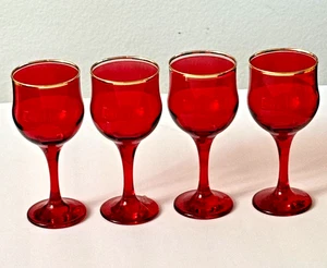 Pacabahce Solid Red Colored Wine Glasses Gold Rim Set Of 4 Turkey 6.5"h Marked - Picture 1 of 19