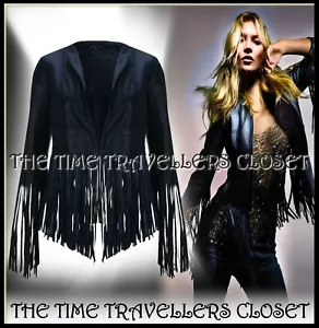 BNWT KATE MOSS TOPSHOP ICONIC MIDNIGHT BLUE CROP FRINGED LEATHER JACKET UK 8 36 - Picture 1 of 10