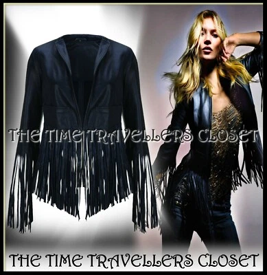 BNWT KATE MOSS TOPSHOP RARE MIDNIGHT BLUE CROP FRINGED LEATHER JACKET UK 6 34    - Image 1 of 4