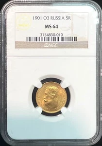 1901 O3 Russia 5 Roubles Nicholas II Gold Coin NGC MS 64 - Picture 1 of 2