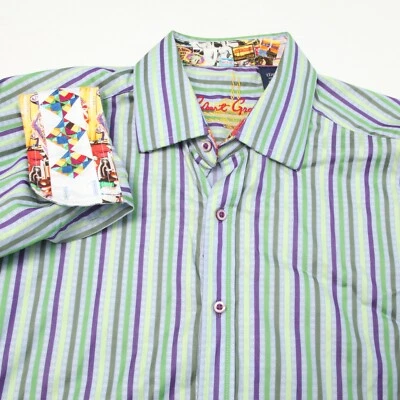 Robert Graham Shirt Mens Large Tall Purple Green Stripe Flip Cuffs - Image 1 of 4