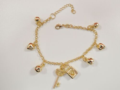 18K YELLOW GOLD FILLED CABLE CHAIN LADIES MULTI CHARM BRACELET