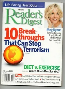 Reader's Digest Magazine Feb 2002 Meg Ryan Terrorism Diet Exercise Heart Quiz - Picture 1 of 4