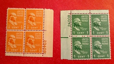 SCOTT # 803  &  804 - SET OF 2 PLATE # BLOCKS OF 4 STAMPS - 1938 - VF - OG - MNH - Image 1 of 4