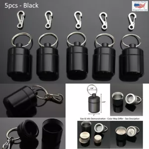 5x PCS Waterproof 1" Wide Pill Container Capsule Bottle Keychain & Clip - Black - Picture 1 of 6