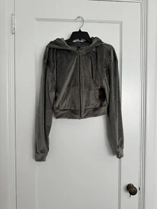 SKIMS Gray Velour Cropped Hoodie Full Zip Front Kangaroo Pockets, Size L - Picture 1 of 5