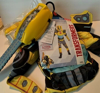 Child TRANSFORMERS BUMBLEBEE Costume S 4-6 & SWORD NEW Muscle Jumpsuit Mask Prop - Image 1 of 3