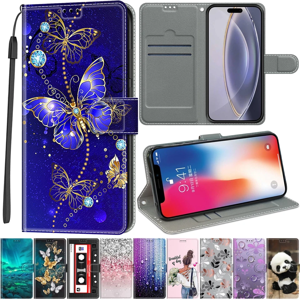 Painted PU Leather Stand Phone Case Cover For iPhone 16 Pro Max 15 14 Plus 13 12 - Image 1 of 4