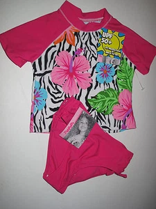 Flapdoodles 2 Pc Little Girls 5 Pink Zebra Print Swimsuit Rash Guard UPF 50+ - Picture 1 of 3