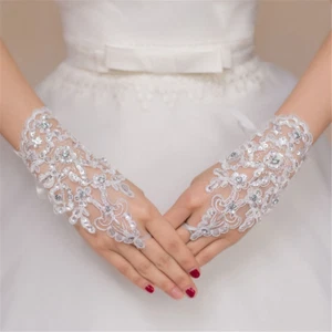 Women Bridal Wedding Gloves Party Fingerless Lace Short Paragraph Rhinestone - Picture 1 of 10