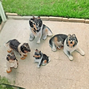 5 Collie Dog Figurines Bone China Miniatures (2 w/ damage) Vintage Made In Japan - Picture 1 of 5