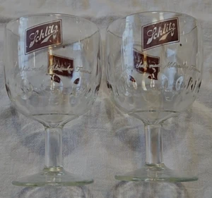 Schlitz Milwaukee Beer Goblet 2- 1970's 6" Famous Stemmed Thumbprint  Bar Glass - Picture 1 of 8