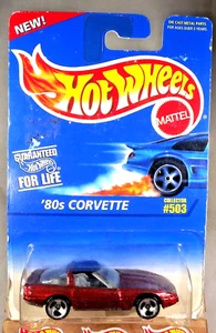 1995 Hot Wheels Blue/White Card #503 '80s CORVETTE Dark Red w/Chrome 3 Sp-Varia - Picture 1 of 5