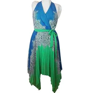 Max and Cleo Dress 10 Accordion Pleat Blue Green Racerback - Picture 1 of 10