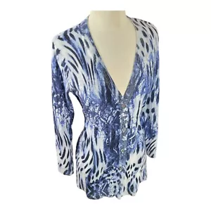 Nuevo con etiquetas Suéter Cárdigan Chico's Azul Estampado Animal Abotonado Talla 1 Blanco Negro NUEVO - Imagen 1 de 18