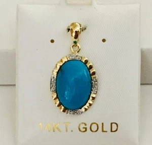 Solid 14K Yellow Gold Natural Turquoise & Diamonds Pendants For Necklace NEW - Picture 1 of 6