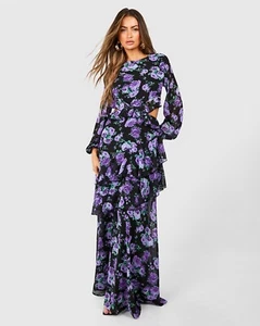 Boohoo Floral Chiffon Frill Detail Cut Out Maxi Dress Size 8 Out Of Stock - Picture 1 of 7