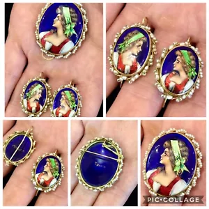 GORG ANTIKE 14K FRANZÖSISCHE EMAILLE & SAATPERLEN ANSTECKNADEL/BROSCHE/ANHÄNGER MIT OHRRINGEN! - Bild 1 von 7