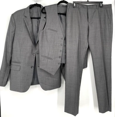 Chaqueta Express Hombre Talla 42L, 36x32 Gris 3 Piezas Calce Ajustado Lana Piel de Tiburón Traje Foto 1 de 4