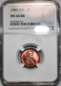 NGC MS-66 RB 1909-P VDB Lincoln Cent, Vibrantly Toned w/ Full-Red Reverse! - Picture 1 of 2
