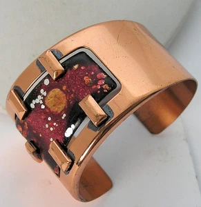 Stunning Vintage MCM Modernist Matisse Enamel Copper Bold Abstract Cuff Bracelet - Picture 1 of 10