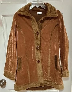 Dino Coat Womens Medium Brown Velour Faux Fur Trim Button Front Fleece Lined - Picture 1 of 7