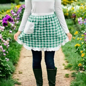 Handmade Green and White Ruffle Checkered Waist Apron with Pocket - Picture 1 of 3