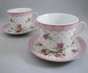 Tazas de café de té de gran tamaño Kent Pottery 1887 platillos rosas rosadas encaje y lunares - Imagen 1 de 20