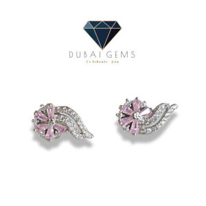 White gold finish Coral Leaf pink tourmaline Created diamond Stud earrings 
