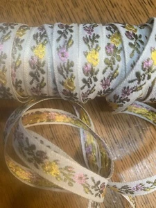 3 Yd x 3/8” Vintage pink yellow flower Jacquard Ribbon~ new/old stock - Picture 1 of 2