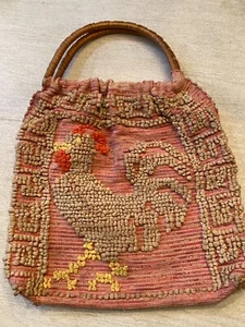 Vintage Tote Bag 60s Satchel Rooster Hand Woven Rattan Handles  - Picture 1 of 11