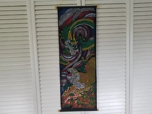 Japanese Dragon & Tiger Colorful Fabric Hanging Scroll Plastic Rod 32" x 11" New - Picture 1 of 8