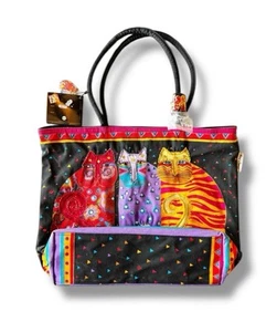 LAUREL BURCH Women FELINE FRIENDS Cats Large Canvas Tote Bag NEW Sun &  Sand NWT - Picture 1 of 16