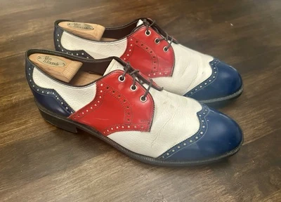 ZAPATOS DE GOLF VINTAGE PRO SHU PARA HOMBRE TALLA 10.5 D rojo blanco azul charol años 60’s Foto 1 de 4