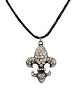 Zeckos Rhinestone Fleur de Lis with Black Cord Necklace