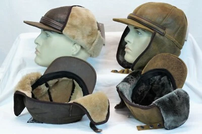 2 colors 100% REAL Sheepskin Shearling Leather Trapper Hunting Aviator Hat M-3XL - Image 1 of 4