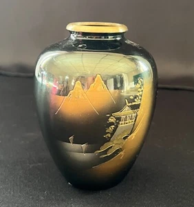 Chokin Art Black Metal Vase w/ 24kt Gold - 4.25" Tall - Vintage - Picture 1 of 6