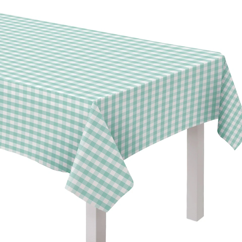 Robins Egg Blue Gingham Spring Easter Party Decoration 60"x84" Fabric Tablecover - Image 1 of 1