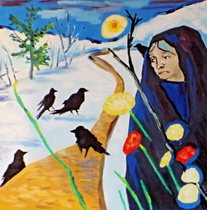 original oil painting sad lady and crows in landscape mysterious - Picture 1 of 3