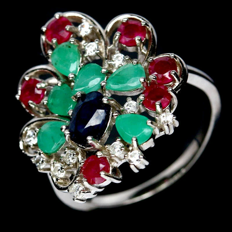 Anello Argento 925 Con Pietre Smeraldo, Rubino, Zirconi E, Zaffiro Blu Intenso - Immagine 1 di 4
