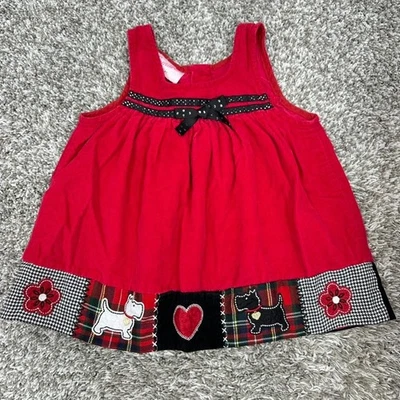 Vestido Samara Rojo Pana Scottie Perro Apliques Negro Lazo Bebé Niña 18M Adorable Foto 1 de 4